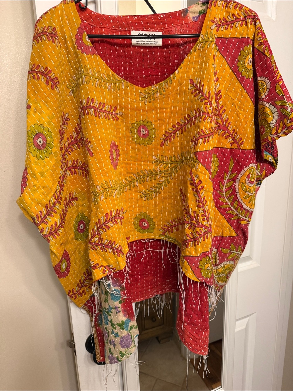 She’s One Oak Boho Patchwork Yellow & Red V-Neck Cotton Top